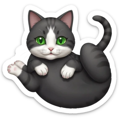 beautiful female solid dark grey cat with green eyes, white toes/paws and white patch on her chest playfully rolling upside down sticker