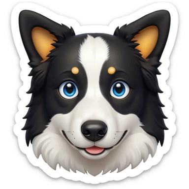 Cinematic Cute Border Collie Portrait Emoji, Head tilted playfully and inquisitively, with a sleek black and white coat and bright, sparkling blue eyes filled with curiosity, Simplified yet irresistibly adorable features, highly detailed, glowing with a warm, friendly glow, high shine, energetic and affectionate, stylized with a touch of whimsy, bright and endearing, soft glowing outline, capturing the essence of a mischievous yet loving pup, so playful it feels like it could bound out of the screen and into your arms! sticker