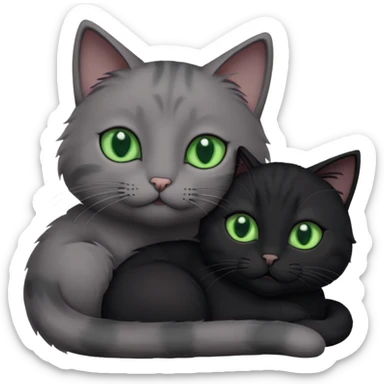 1 grey cat with green eyes and 1 black with green eyes cat cuddling sticker