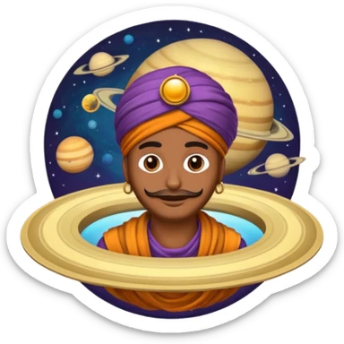A bold emoji-style illustration with Saturn 🪐 as the dominant element, clearly showing its bright rings. Inside the planet, a stylized man wearing a colorful turban 👳🏾‍♂️, depicted as a mystical or adventurous character, sitting or floating within Saturn, integrated with the planet’s texture. . sticker