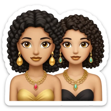 An emoji with two women, one woman with caramel skin color, black curly hair long. The other one is fair skin with brown straight hair and they're wearing jewelry and makeup. sticker