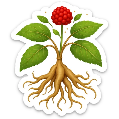 Add one fruit, a sprinkle, and two leaves to the simple wild ginseng root. Keep the background transparent. Maintain the style of the original image. sticker