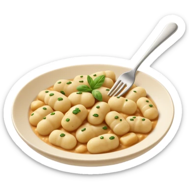 Gnocchi Cinematic Realistic Gnocchi Dish Emoji, depicted as tender oblong potato gnocchi garnished with iconic fork marks on top, rendered with soft textures and warm, inviting lighting. sticker