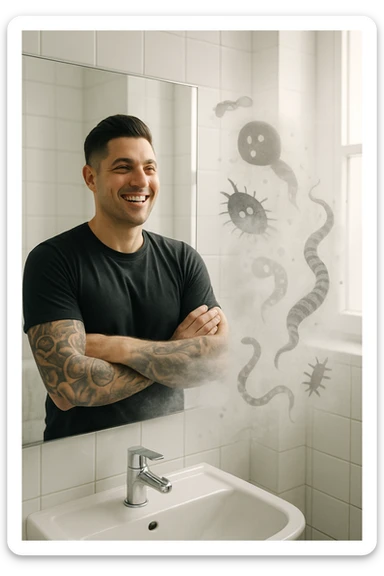a man stands in a brightly lit bathroom, looking relieved and revitalized as he examines his reflection in the mirror. In the foreground, stylized, shadowy images of parasites (such as worms or protozoa) are shown leaving his body, dissolving into mist or fading away. His posture is upright and his expression is one of newfound energy and health. sticker