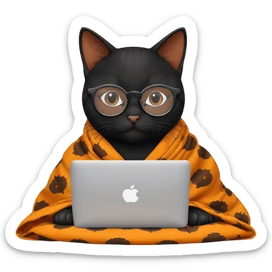 A black female cat working on a MacBook, with round frames and thin glasses, and she wears a blanket with an orange fruit pattern sticker