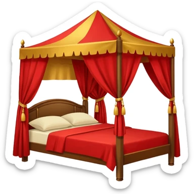 bed with red and gold sheets, wooden, canopy, simple sticker