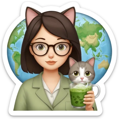 a brunette woman in here 30S drinking an iced matcha, carrying a grey cat and a map of the world sticker
