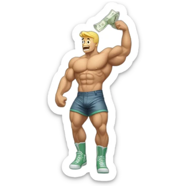 Muscle man raining dollar bills sticker