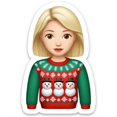 White woman wears an ugly christmas sweater sticker