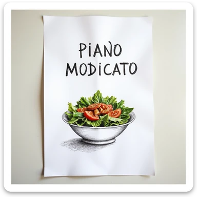 white sheet of paper with the text 'PIANO MODIFICATO' and a bowl of salad drawn, hyperrealism 4K, no background sticker