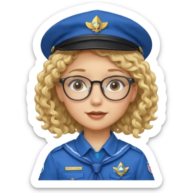 scout girl with blue scout uniform including hat, blonde curly haired and glassess sticker
