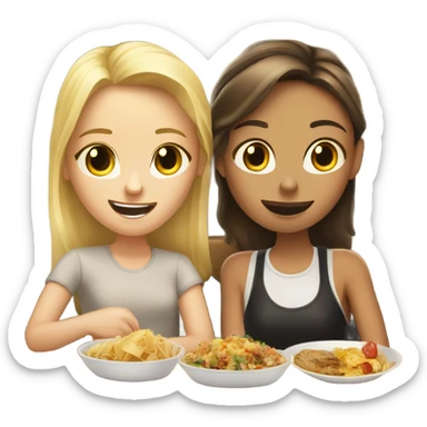 Blonde hair freckly face girl and brunette girl sat in restaurant eating food sticker