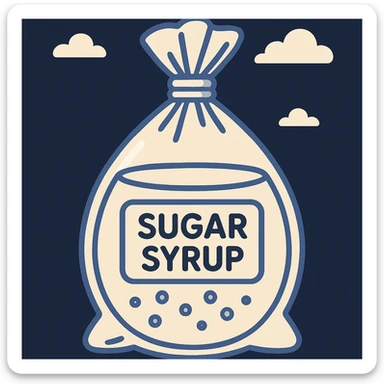 cartoon style illustration of a smooth, modern-looking clear plastic bag filled with sugar syrup, neatly tied at the top, with a glossy, attractive appearance, minimal and clean design, black background sticker