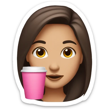 A brunette girl with a pink coffee sticker