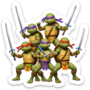 Vector emoji sticker of 4 Ninja Turtles: Leo (blue/swords), Raph (red/sais), Donnie (purple/staff), and Mikey (orange/nunchucks). Action poses, NYC rooftop, pizza box, bold comic style, white border. ONLY 4! sticker