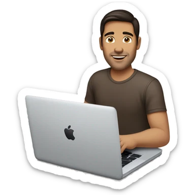 a man typing on a mac book pro with dark brown hair and haisle brown eyes sticker