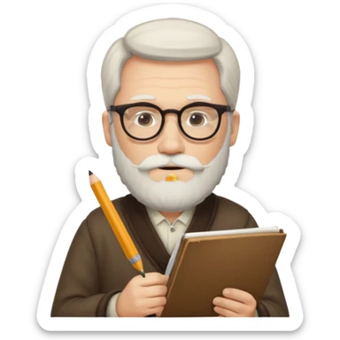 caucasian man with white beard writing in the script, facing left sticker