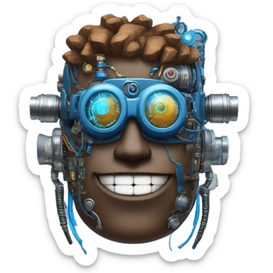 Brown cyborg head with blue Mohawk, blue beard, silver steampunk monocle goggles a smile and circuits sticker
