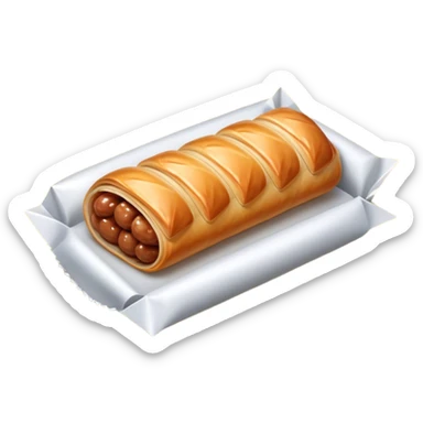 cinematic-realistic-sausage-roll-dish-emoji,-depicted-with-a-crisp,-golden-pastry-wrapped-around-flavorful-sausage,-rendered-with-detailed-textures-wrapped ina. plastic wrapper unrapped - and-appetizing-lighting sticker