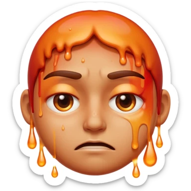 Apple-style emoji illustration of a person melted, overheated face with sweat drops, half-closed exhausted eyes, annoyed or angry expression, warm orange and red tones, soft 3D emoji style, smooth gradients, rounded shapes, centered composition. sticker