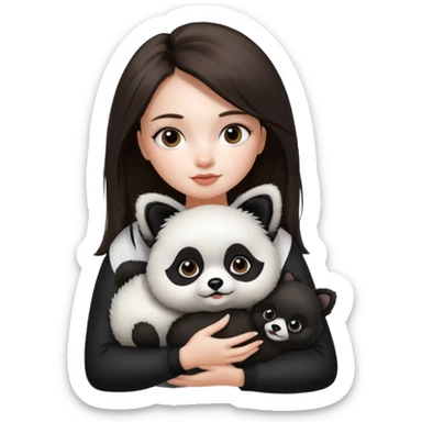an brunette hair girl holding her pomeranian dog that looks like a panda sticker