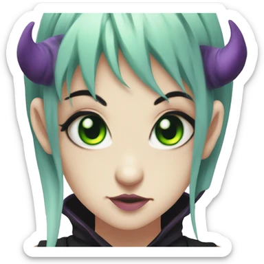 Gothic succubus girl with green eyes anime style  purple hair cutie face  sticker