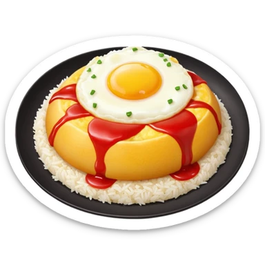 Tasty omurice dish on a big plate garnished with a wobbly line of ketchup on top sticker