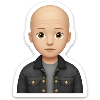  a boy with bald head, black jeans jacket, plain forehead sticker