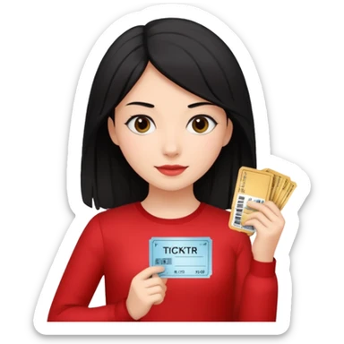 A girl with a bunch black of hair, wearing a red long-sleeved shirt and holding theater tickets sticker