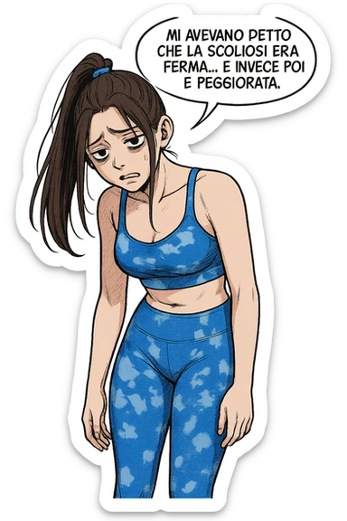fai questa immagine in versione fumetto/manga/webtoon, il manga mostra la donna disperata con un fumetto sulla testa che dice:
Mi avevano detto che la scoliosi era ferma… e invece poi è peggiorata.
 sticker