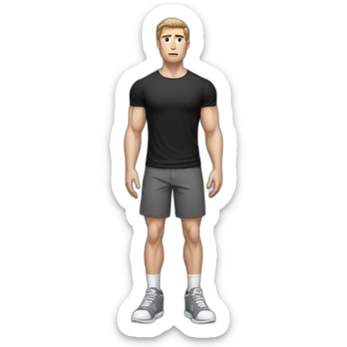 Confused Pale skinned Fit Man With the biceps and dark brown hair in black shirt, gray sports shorts and white Sneakers sticker