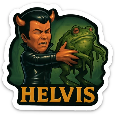 Remove the name text from the image. Dress the character in a black leather jumpsuit instead of white, keeping the short cape and very tiny horns. The character is holding a giant slimy toad away from himself with both hands and straight arms, head turned away in disgust, cringing. The background is swampy. The style is retro sticker with no borders on the sticker, maintaining a grim vibe. sticker