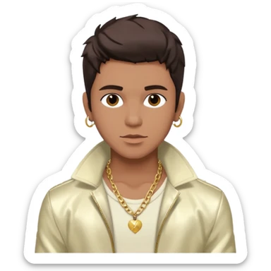 Frankie Zulferino, Pop Singer (b.1990) with dark brown hair, ivory metallic jacket, shirtless with necklace sticker