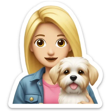 Joven rubia con ropa rosada y un perrito shitzu blanco a su lado sticker