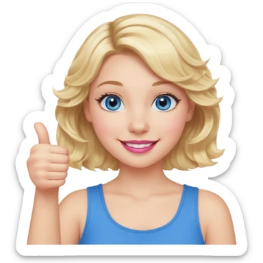 Girl Blonde short wavy hair,  blue eyes, cute blue top, long lashes, pink lips, smiling, 👍🏻 sticker