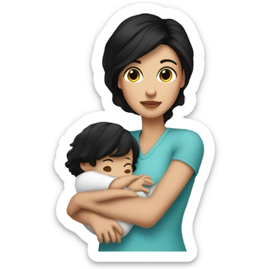 Pretty mom with dark hair and white skin holding baby boy tall black hair with white skin  sticker