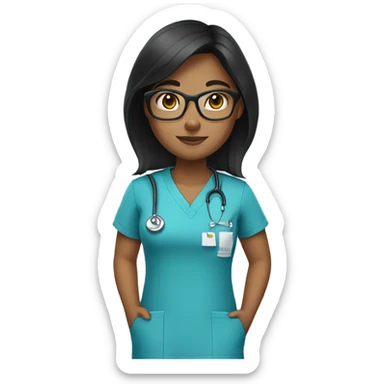 straight black haired light tan girl with glasses in scrubs sticker