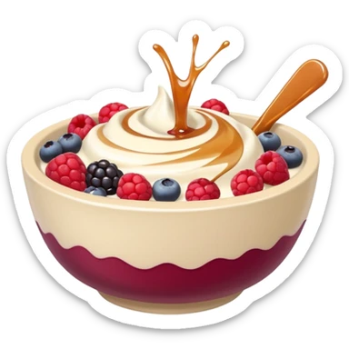 White swirl of yogurt in a beige bowl with mixed berries and caramel syrup  sticker
