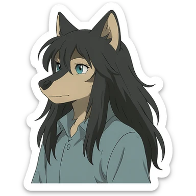 anime style wolf furry character with blue eyes, long black hair, wearing a light blue shirt sticker