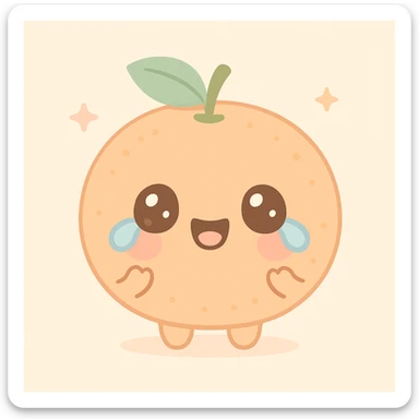 tangerine fruit with a laughing-crying expression, kawaii style, pastel colors, tiny hands sticker