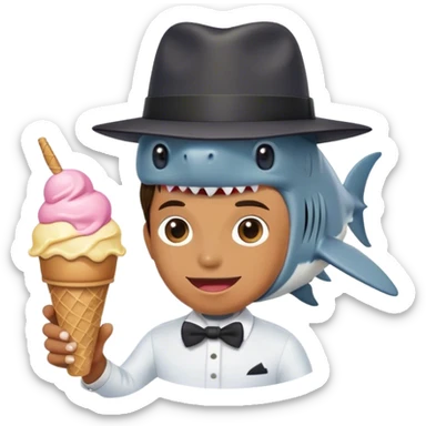 A person having a shark as their head while wearing a tophat and holding an ice cream sticker