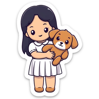 A beautiful girl with long straight black hair wearing a white skirt holding a small brown curly teddy dog sticker