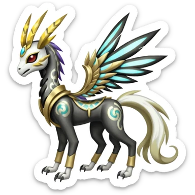 Colorful Shiny Tribal Skeletal masked armored Meloetta-Silvally-Solgaleo-Raikou-Pokémon-Digimon-Fakémon-fusion-hybrid-creature, full body sticker