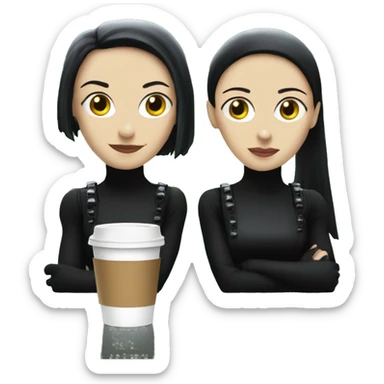 two girls in costumes from the film The Matrix sit with their backs to each other over a cup of coffee and a cigarette sticker