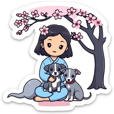 A young Chinese girl with long black hair and a pure grey Italian Greyhound with no white markings sitting under a cherry blossom tree sticker