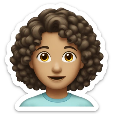 Curly dark-haired girl, shoulder-length hair. Hair brown, neat nose, small forehead, positive sticker
