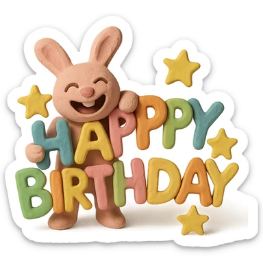 laughing bunny hugging "Happy Birthday" letters with stars, matte plasticine claymation style, visible fingerprints, pastel colors sticker