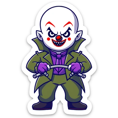 evil clown warrior, bald, small black horns on forehead, fangs, pointed ears, eye patch over one eye, long coat over black and military green leisure suit with bellbottom pants, tail, holding a whip, no knife, realistically proportioned, less bulky, full body visible, battle-ready fighting posture sticker