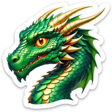Cinematic Noble Dragon Portrait Emoji, Poised and majestic, with a sinuous, elongated body covered in intricately detailed, shimmering scales in hues of emerald and gold, and piercing, fiery eyes that reflect ancient wisdom; rendered with lifelike texture and natural highlights, high shine, intelligent and formidable, styled with an aura of mythic power, focused and attentive, soft glowing outline, capturing the essence of a legendary dragon that appears ready to soar out of the screen with timeless authority! sticker