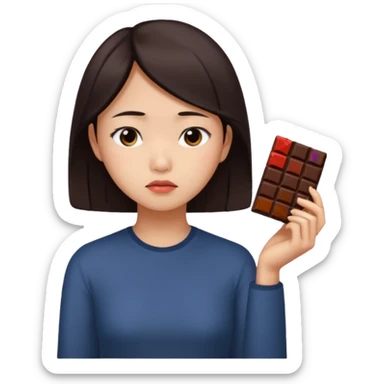 A young Asian female with a gloomy expression, thinking of chocolate sticker
